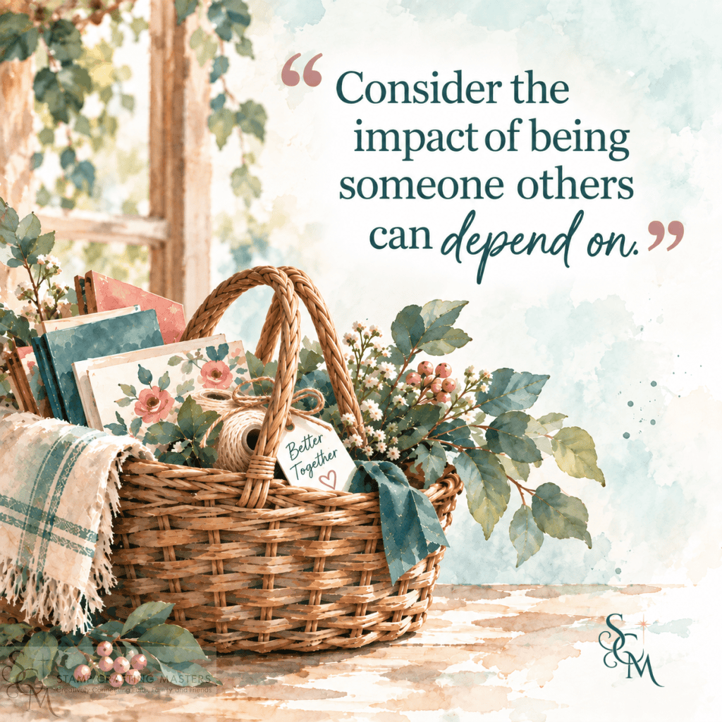Watercolor basket with two handles sharing the load and the quote, “Consider the impact of being someone others can depend on.”