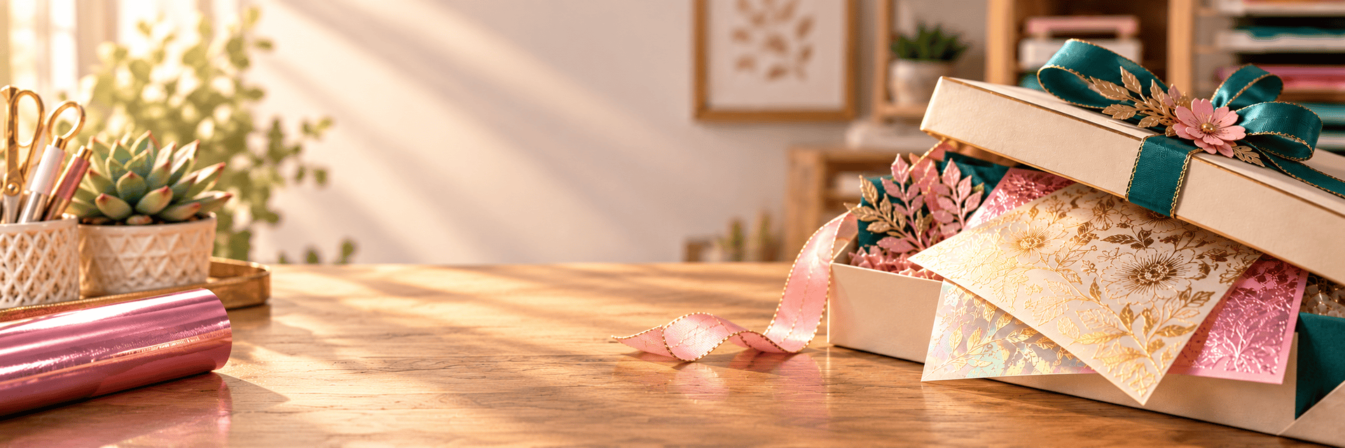 Creative Brilliance paper crafting illustration featuring an ivory presentation box, teal ribbon, and shimmering gold and pink designs. Copy